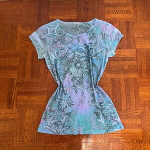 Y2K Blue, Purple and Grey Graffiti Graphics on Mesh Top M